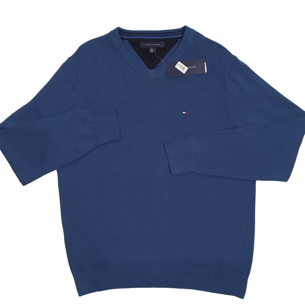 NEW Tommy Hilfiger Sweater! Darker Grayish Blue V Neck Tommy Flag on Chest